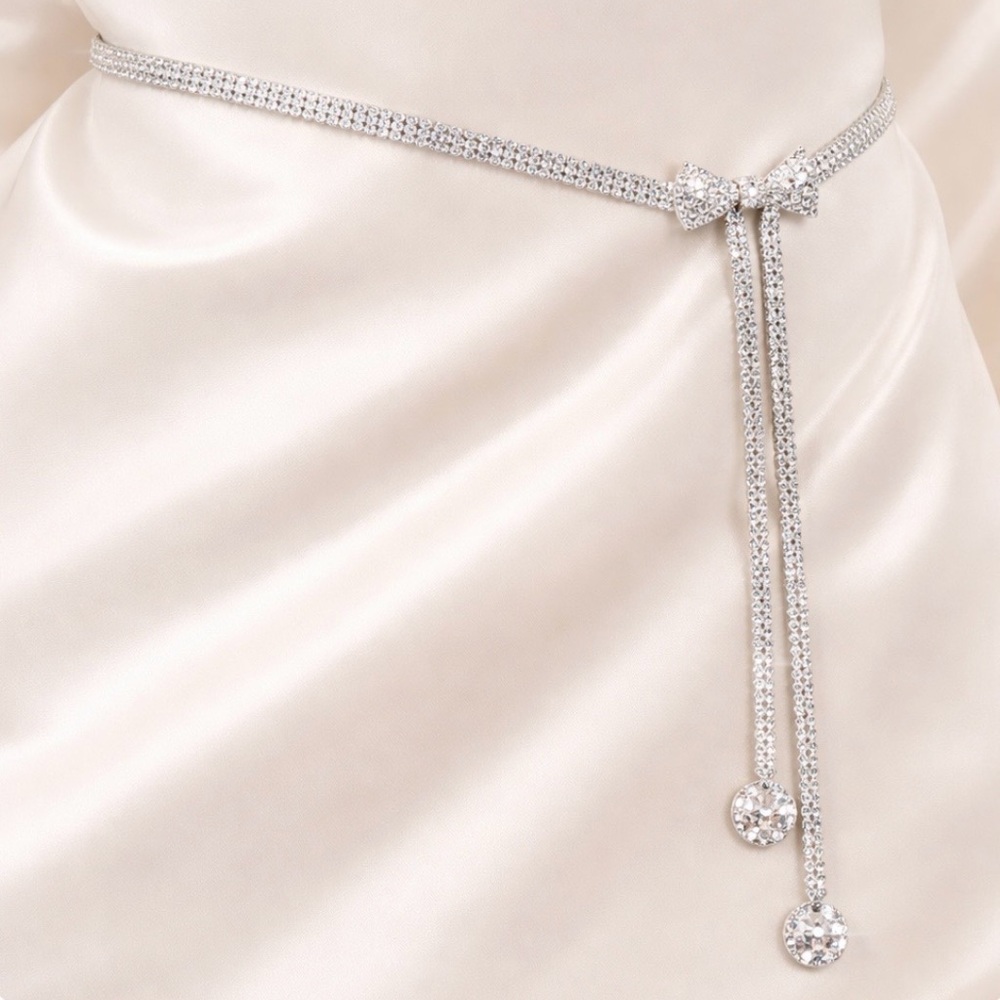 Elegant Silver Tone Rhinestone Bow Dangle Belt